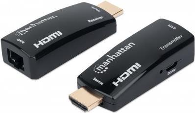 MANHATTAN 1080p HDMI over Ethernet Extender Kit in kompaktem Format HDMI-Signalverlängerung mit 1080p@60Hz bis zu 60 m über ein einzelnes Cat6-Netzwerkkabel, Sender- und Empfängermodul, Power over Cable, ultrakompaktes Format, schwarz (207539) von Manhattan