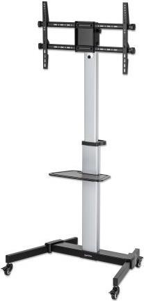 MANHATTAN Aluminium Multimedia TV-Ständer auf Rollen Für Bildschirme von 94,00cm (37) bis 218,40cm (86) und bis zu 50 kg, -10 bis 5° neigbar, 90° rotierbar, Fachboden für Laptop oder AV-Zubehör, silber/schwarz (462327) von Manhattan