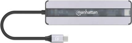 MANHATTAN USB-C 7-in-1-Dockingstation mit Power Delivery USB 3.2 Gen 1 Typ C-Stecker auf HDMI-Buchse (4K@30Hz), zwei USB-A Ports (5 Gbit/s), Gigabit-RJ45-Port, USB-C PD-Port (87 W), SD/MicroSD-Kartenleser, Aluminium, silber/schwarz (153928) von Manhattan