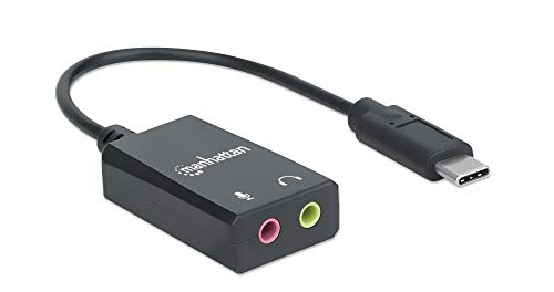 MANHATTAN USB-C Audio-/Sound-Adapter, USB-C auf 3,5 mm Mikrofon-In und Audio-Out-Anschlüsse, 480 Mbit/s (USB 2.0), unterstützt 2.1 Stereo, Kabel 11 cm, schwarz, Box von Manhattan