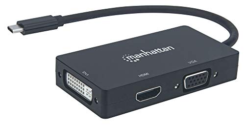 Manhattan 152983 USB-C 3-in-1 Multiport A/V-Konverter USB Typ C-Stecker auf DVI-, HDMI- oder VGA-Buchse, 4K@30Hz auf HDMI-Port, 1080p auf VGA- und DVI-Ports, schwarz von Manhattan