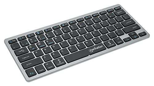 Manhattan 180559 Wireless Tastatur Dual-Mode Ultra Slim, deutsche Bluetooth Tastatur für iPad, iPad Air, iPad Pro, iPad Mini Serie und iPhone Handy, QWERTZ Layout, in elegantem Design Schwarz/Silber von Manhattan