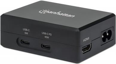 Manhattan Smart Video Power Delivery Charging Hub, Multiport Dock with One HDMI Port, USB-C PD Port up to 45 W, USB-C up to 5 V/1 A, Two USB 3.2 Gen1 aka USB 3.0 Type-A Ports, Internal Power Supply, Ultra-Compact, Detachable Power Cable, Black (Euro 2-pin plug) - Videoschnittstellen-Converter - HDMI / USB - USB Typ A, USB-C mit Stromversorgung (W) bis HDMI (W) - Schwarz - 1080p-Unterstützung, USB-Spannungsversorgung (52,5 W) von Manhattan