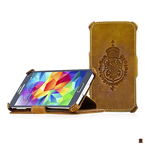 Manna Handyhülle, kompatibel mit Samsung Galaxy S5 / S5 NEO / S5 Duo, Cover Case Tasche Schutzhülle für Smartphones, Aufstellbar, Nubuk Leder Braun von Manna