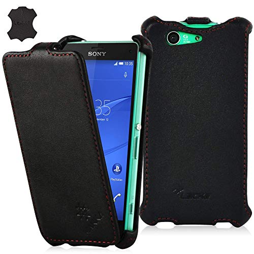 Manna UltraSlim Kompatibel mit Sony Xperia Z3 Compact Flip Case Schutz Hülle aus Nappa Leder, Schwarz von Manna