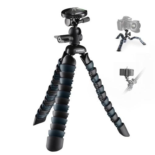 Mantona Armadillo DSLR flexibles Mini Kamera und Tisch Stativ für Kamera Smartphone Actioncam, Traglast 3 kg, Höhe 28 cm, mit Kugelkopf, inkl. Smartphone Halter und GoPro Adapter, schwarz/grau von Mantona