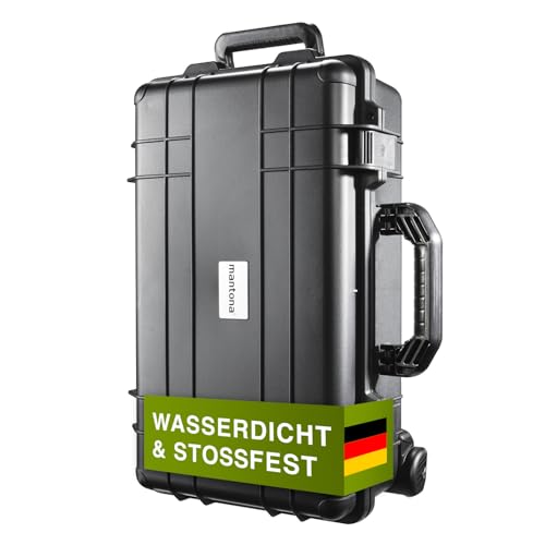 Mantona Outdoor Schutz-Trolley schwarz - Wasserdicht, stoßfest, staubdicht und stapelbar für Wertwolles Equipment, Inkl. zuschneidbarere Schaumstoffeinlagen, Trolleygriff und Rollen von Mantona