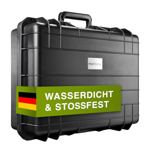 Mantona Outdoor Schutzkoffer L - Wasserdicht, stoßfest und stapelbar für Wertvolles Equipment, Inkl. zuschneidbare Schaumstoffeinlagen und Luftausgleichsventil von Mantona