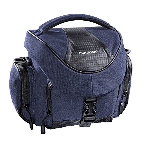 Mantona Premium Kameratasche - Passend für DSLR & DSLM Kameras mit Objektiv (inkl. Staubschutz, gepolstertem Schultergurt, Clipverschluss, anpassbarer Inneneinteilung) blau von Mantona