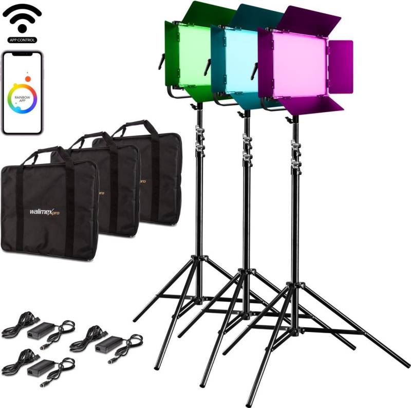 Walimex pro LED Rainbow 100W RGBWW Set 3 (3x Rainbow 100W, 3x Lampenstativ GN-806) (23068) von Mantona