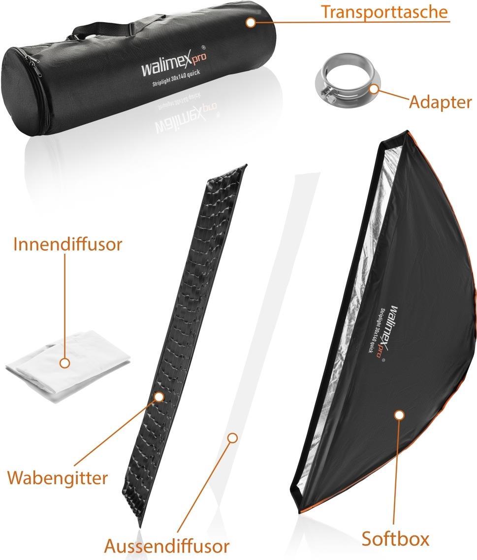 Walimex pro Studio Line Striplight Softbox QA 30x140cm mit Softboxadapter Profoto (22637) von Mantona