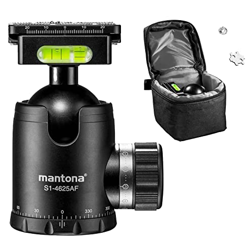 mantona Fortress Kugelkopf mit 46 mm Kugel I 360° Panorama-Funktion & 3 Wasserwaagen I mit Arca Swiss kompatibler Schnellwechselplatte I hohe Traglast bis max. 25kg I praktische Friktionswegkontrolle von Mantona