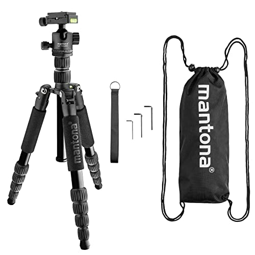 mantona Reisestativ Light Traveller, stabiles Aluminium I leichtes Kamera-Stativ , Kugelkopf + Wechselplatte (Arca Swiss kompatibel), 360° Panorama I Fotostativ als Tripod & Monopod, schwarz von Mantona