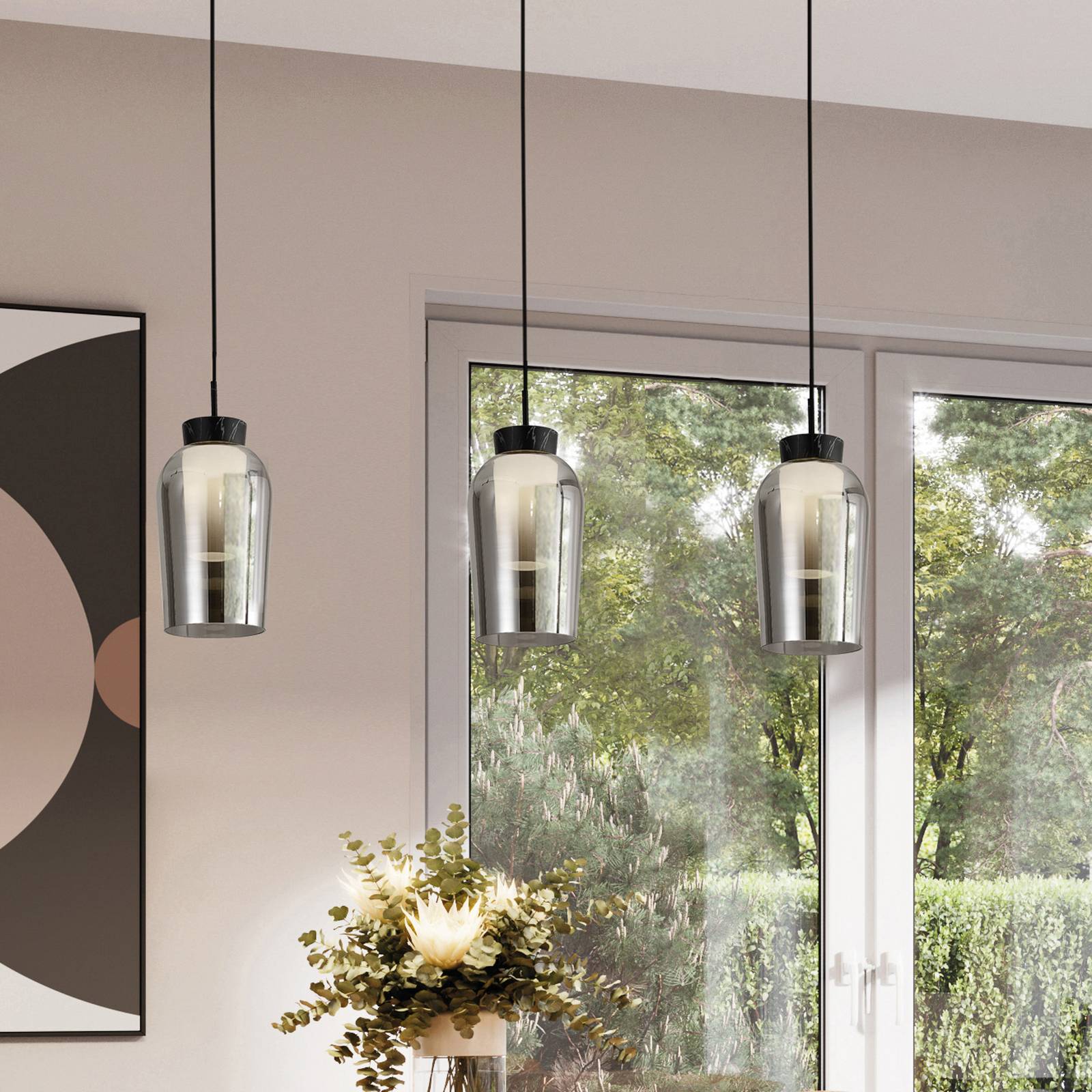 Hängeleuchte Nora, schwarz, chrom, 3-flammig, Balken, Glas Hängeleuchte Nora, schwarz, chrom, 3-flammig, Balken, Glas von Mantra Iluminación
