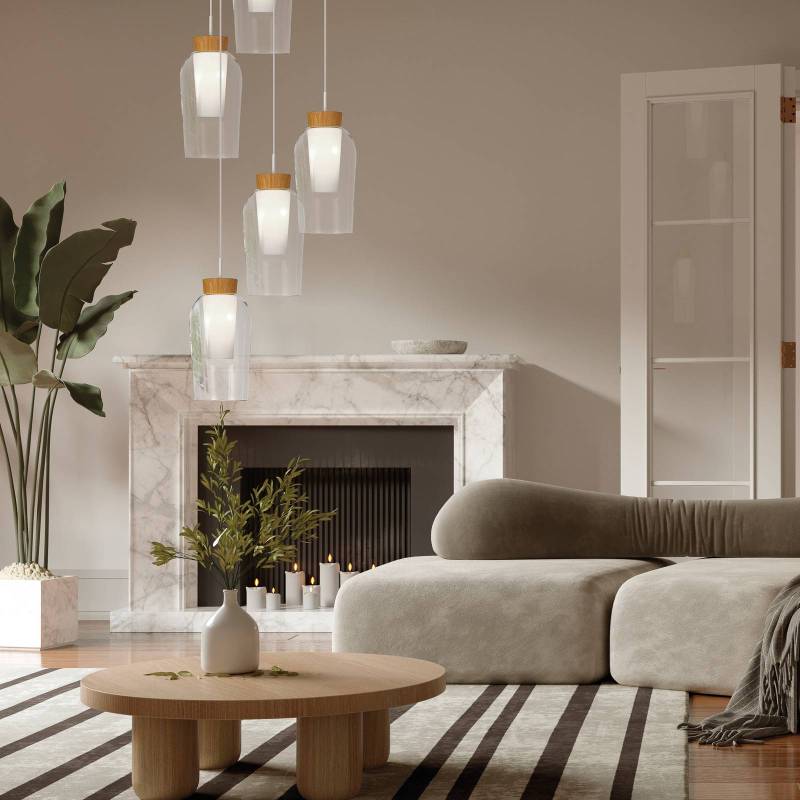 Pendelleuchte Nora, weiß, transparent, 5-flammig, rund, Glas von Mantra Iluminación