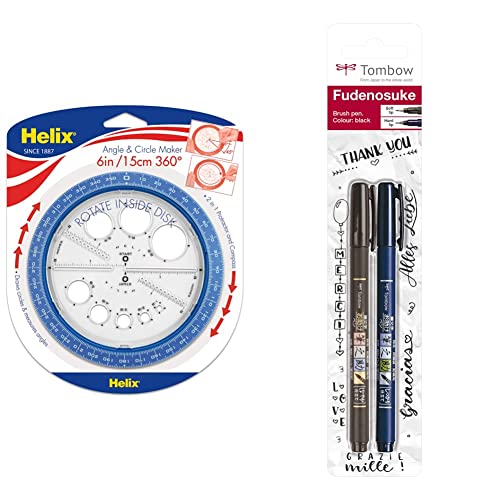 Helix 36002 Winkel- und Kreisschablone & Tombow WS-BHS-2P Brush Pen Fudenosuke je 1 x mit Harter und weicher Spitze von Maped Helix USA