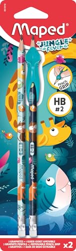 Maped - 2 Bleistifte HB Radiergummi + Fingerführung Jungle Fever – lustiges Werkzeug zum Schreibenlernen – empfohlen von Lehrern – ab 3 Jahren von Maped