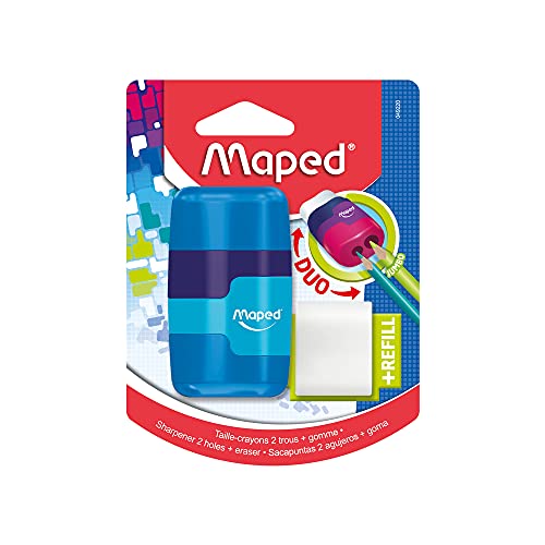 Maped - 2in1 Radier/ Anspitzer CONNECT, 2-Loch für dicke und dünne Stifte, nachfüllbar, inkl. Ersatz-Radierer - grün, blau, pink - zufällige Farbauswahl von Maped