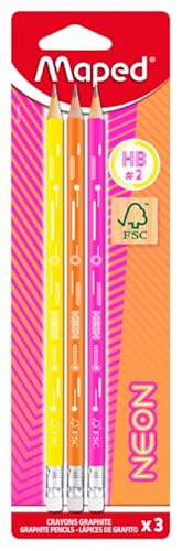 Maped - 3 Bleistifte Graphit HB2 Neon - Bleistifte FSC HB Radiergummi - Ergonomische Dreiecksform - Robuste Mine von Maped