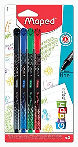 Maped – 4 Filzstifte für Graph'Peps Deco – feine Spitze 0,4 mm – robuste Spitze – Schreiben und Zeichnen – 4 Filzstifte in den Farben Schwarz, Grün, Rot, Blau von Maped