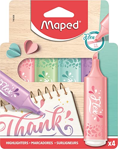Maped - 4 Textmarker Flex Pastell – abgeschrägte Spitze und flexibel – Textmarker mit langer Lebensdauer für Schule, Lettering, Bullet Journal und Profi – 4 Pastellfarben zufällig von Maped