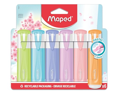 Maped - 6 Pastell-Textmarker – abgeschrägte Spitze – Textmarker langlebig für Schule und Berufsgebrauch von Maped