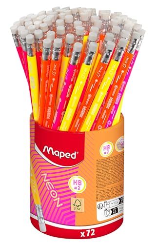Maped - 72 Graphit-Bleistifte HB2 Neon - Bleistifte FSC HB Radiergummi - ergonomische Dreiecksform - robuste Mine Maped - 72 Graphit-Bleistifte HB2 Neon - Bleistifte FSC HB Radiergummi - ergonomische Dreiecksform - robuste Mine von Maped