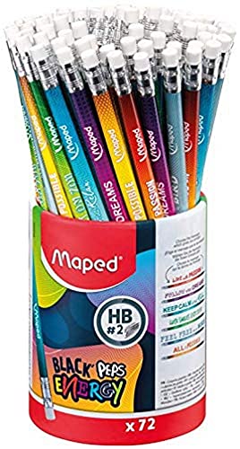 Maped – 72 Graphitstifte Black'Peps Energy HB – Radiergummi – Bleistifte mit inspirierenden Nachrichten – Behälter mit 72 Stiften von Maped