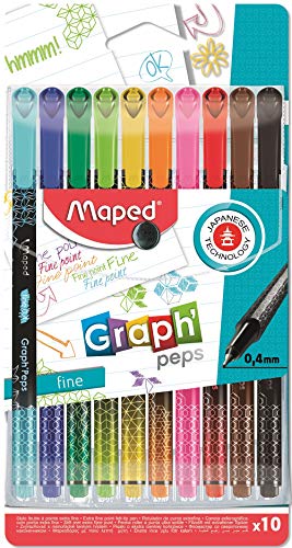 Maped 749050 Graph'Peps Filzstifte, feine Spitze, 0,4 mm, widerstandsfähige Spitze, Schreibkomfort – Etui mit 10 Farben von Maped