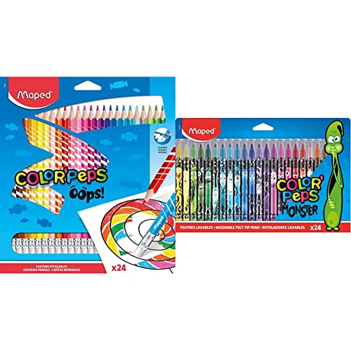 Maped 832824 - Radierbare Drei-Kant-Buntstifte, Farbstifte COLOUR'PEPS OOPS - 24x Stifte, 1 Stück (24er Pack) & - Filzstifte, Fasermaler COLOR'PEPS MONSTER mit mittlerer Spitze - x24 Stifte von Maped