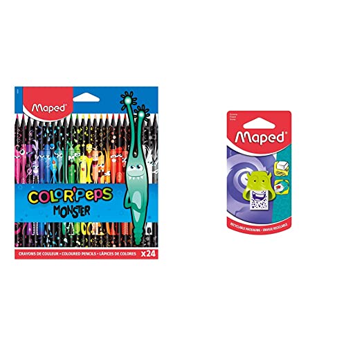 Maped 862624 - ergonomische Drei-Kant-Buntstifte, Farbstifte COLOR'PEPS BLACK MONSTER - 24x Stifte & Radierer MONSTER - verschiedene Designs, farbig sortiert von Maped