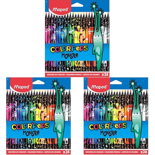 Maped 862624 - ergonomische Drei-Kant-Buntstifte, Farbstifte COLOR'PEPS BLACK MONSTER - schwarzer Schaft und bunte Monster-Bedruckung - 24x Stifte, 24 Stück (3er Pack) von Maped