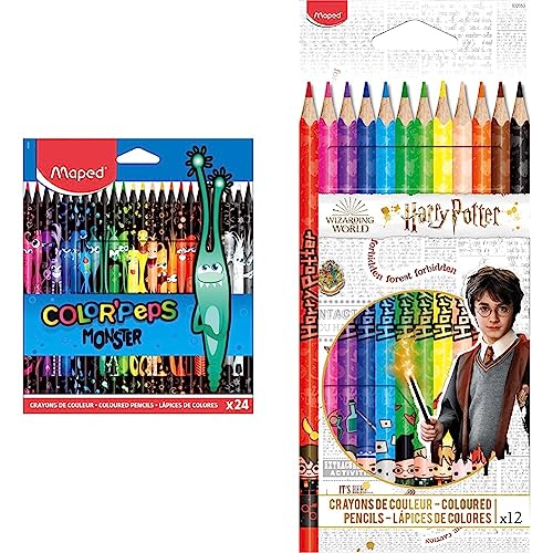 Maped 862624 - ergonomische Drei-Kant-Buntstifte, Farbstifte COLOR'PEPS BLACK MONSTER & 12 Buntstifte „Harry Potter“ – ideal für den Schulanfang – im Pappetui –832053 von Maped