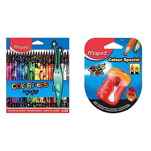 Maped 862624 - ergonomische Drei-Kant-Buntstifte, Farbstifte COLOR'PEPS BLACK MONSTER & ergonomischer Anspitzer COLOR'PEPS für 2 Stiftgrößen inkl. Auffangdose von Maped