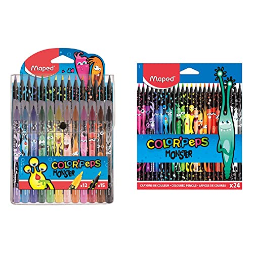 Maped 984718 - Stifte-Set COLOR'PEPS MONSTER Filzstifte x12 + Buntstifte x15, mehrfarbig, 27 Stück & 862624 - ergonomische Drei-Kant-Buntstifte, Farbstifte COLOR'PEPS BLACK MONSTER - 24x Stifte Maped 984718 - Stifte-Set COLOR'PEPS MONSTER Filzstifte x12 + Buntstifte x15, mehrfarbig, 27 Stück & 862624 - ergonomische Drei-Kant-Buntstifte, Farbstifte COLOR'PEPS BLACK MONSTER - 24x Stifte von Maped