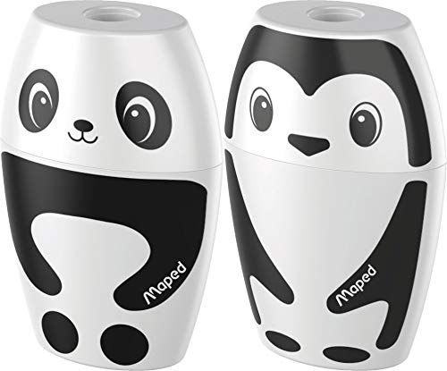 Maped - Bleistift-Anspitzer, Dosen-Anspitzer SHAKKY für dünne Stifte, mit Anspitzer-Dose - Panda oder Pinguin, farbig sortiert von Maped