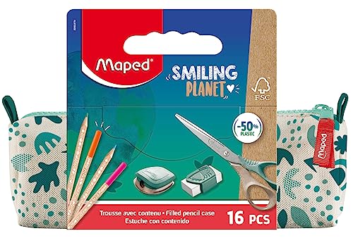 Maped - Federmäppchen Smiling Planet mit Schulbedarf – Federmäppchen aus Stoff + 12 Buntstifte FSC + 1 Schere 16 cm + 1 Spitzer mit Reserve + 1 weißer Radiergummi Maped - Federmäppchen Smiling Planet mit Schulbedarf – Federmäppchen aus Stoff + 12 Buntstifte FSC + 1 Schere 16 cm + 1 Spitzer mit Reserve + 1 weißer Radiergummi von Maped