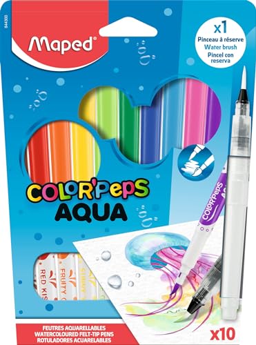 Maped – Filzstifte – Aquarellstifte AQUA – Filzstifte für Kinder – Filzstifte mit Pinselspitze – leuchtende Farben – Tinte mit Wasser abwaschbare Tinte – Etui mit 10 Filzstiften von Maped