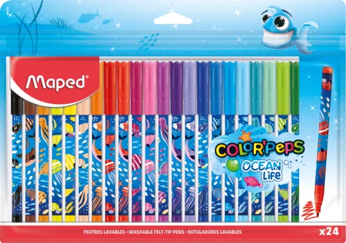 Maped - Filzstifte OCEAN LIFE - 24 Stück - 2 mm mittlere Spitze - perfekt zum Zeichnen und Malen - resistente Spitze (nicht blockiert) - kräftige Farben - wiederverwendbare Kunststoff-Tasche von Maped