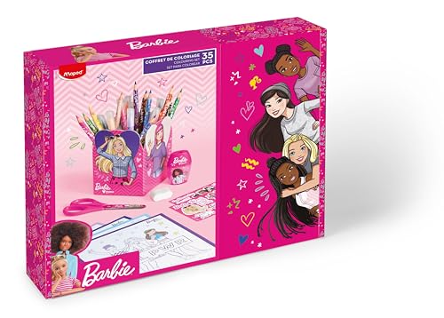 Maped - Geschenkset zum Ausmalen von Barbie – Bleistifte, Filzstifte, Anspitzer, Schere 13 cm, Radiergummi, Sticker, Stifteköcher – Offizielles Barbie-Lizenz von Maped
