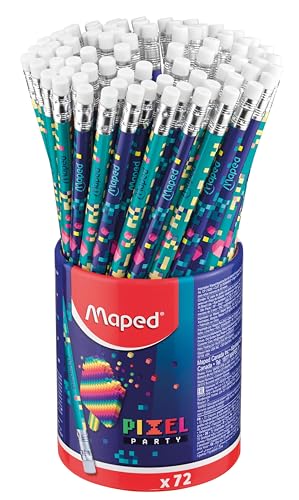 Maped - Graphit-Bleistifte HB #2 Pixel-Party – Bleistifte mit Radiergummi-Spitze – dreieckige ergonomische Form – 72 Bleistifte von Maped