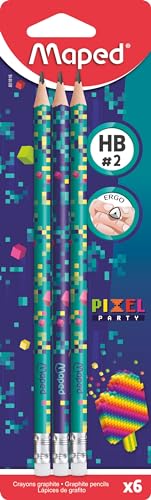 Maped - Graphit-Bleistifte HB #2 Pixel Party – Bleistifte mit Radiergummi-Spitze – ergonomische Dreiecksform – Blisterverpackung mit 6 Bleistiften von Maped