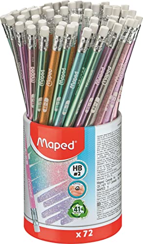 Maped - Graphitstifte - Glitter Deco Kollektion - Flasche mit 72 Bleistiften mit Radiergummi - glänzendes Design - ergonomische Dreiecksform - recyceltes Material ohne Holz von Maped