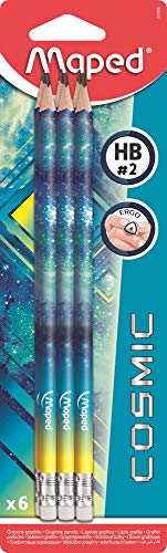 Maped - Graphitstifte HB #2 Black'Peps Tattoo Cosmic Teens – Bleistifte aus Holz mit Radiergummi – ergonomische Form – 6 Bleistifte, zufällige Farbe von Maped