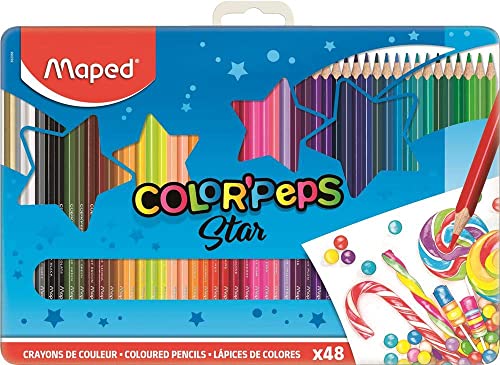 Maped - Holzfarben - Buntstifte Metallbox - 48 Farben - Ludisches Design - Robuste Box zum Aufbewahren von Holzstiften von Maped