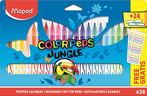 Maped - Jungle Color'Peps Filzstifte – 24 Filzstifte – 24 Vornamen-Etiketten gratis – waschbar und trocknergeeignet – ideal für Schulanfang – Kartonbeutel von Maped