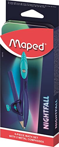 Maped - Mathset Zirkel Nightfall – Zirkel Ring + Zirkel Mine – Mini-Set + Anspitzer + Radiergummi + mehrfarbiger Bleistift von Maped