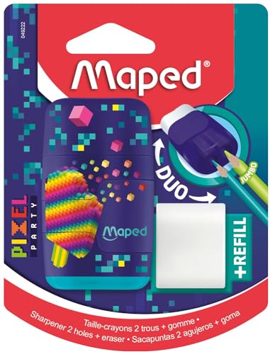 Maped - Bleistiftspitzer Duo Pixel Party – 2 in 1 – Bleistiftspitzer 2 Löcher + Radiergummi, ohne PVC und Phthalate – mit Nachfüllpack Radiergummi Maped - Bleistiftspitzer Duo Pixel Party – 2 in 1 – Bleistiftspitzer 2 Löcher + Radiergummi, ohne PVC und Phthalate – mit Nachfüllpack Radiergummi von Maped