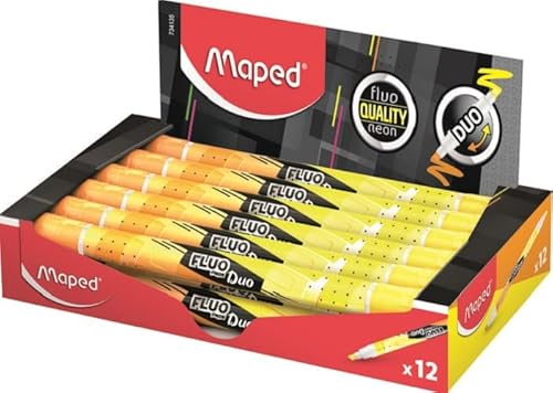 Maped - Schulmaterial - Fluo Duo Textmarker - Box mit 12 Stück - Zwei verschiedene farbige Spitzen - Abgeschrägte Spitze mit Strichbreite von 1 bis 5 mm - Lange Lebensdauer - Gelb und Orange von Maped