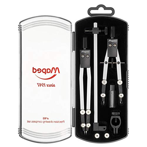 Maped Zirkel 1947 – Nr. 415 – 5-teiliges Set – 1 Zirkel 130 mm + 1 Zirkel 105 mm + 1 Verlängerung 140 mm + Etui + Ring 178002 grau von Maped